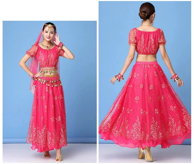 Lady Egypt Dance Wear | Bollywood Indian Dance Costume Set | Adult Belly Dancing Clothes | 4-Piece Skirt Set