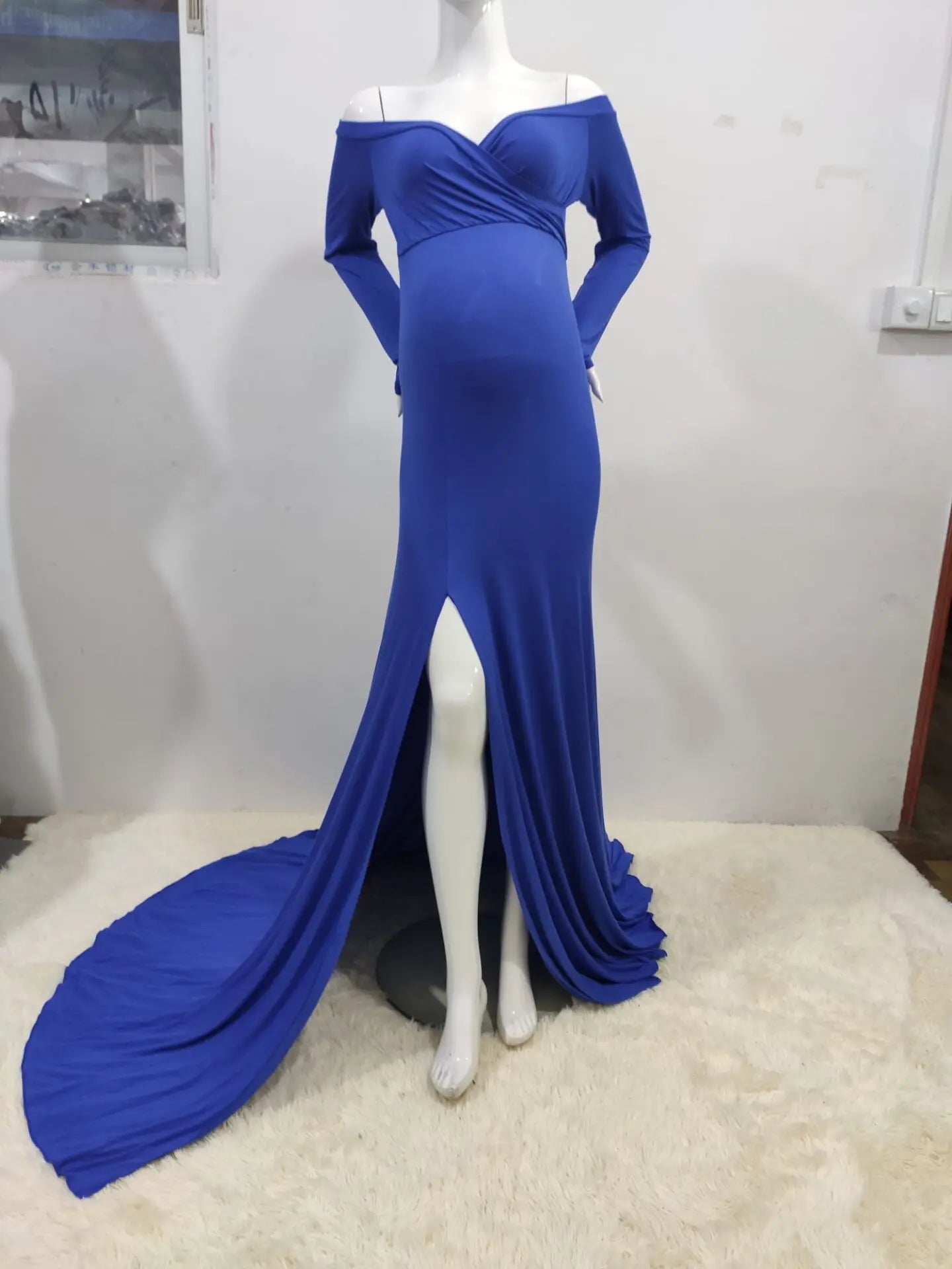 Maxi Off Shoulder Long Sleeve Dress for Pregnant Women blue dress