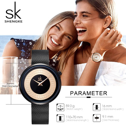 Shengke Luxury Mesh Metal Quartz Watch for Women - Fashionable and Elegant Ladies Wristwatch