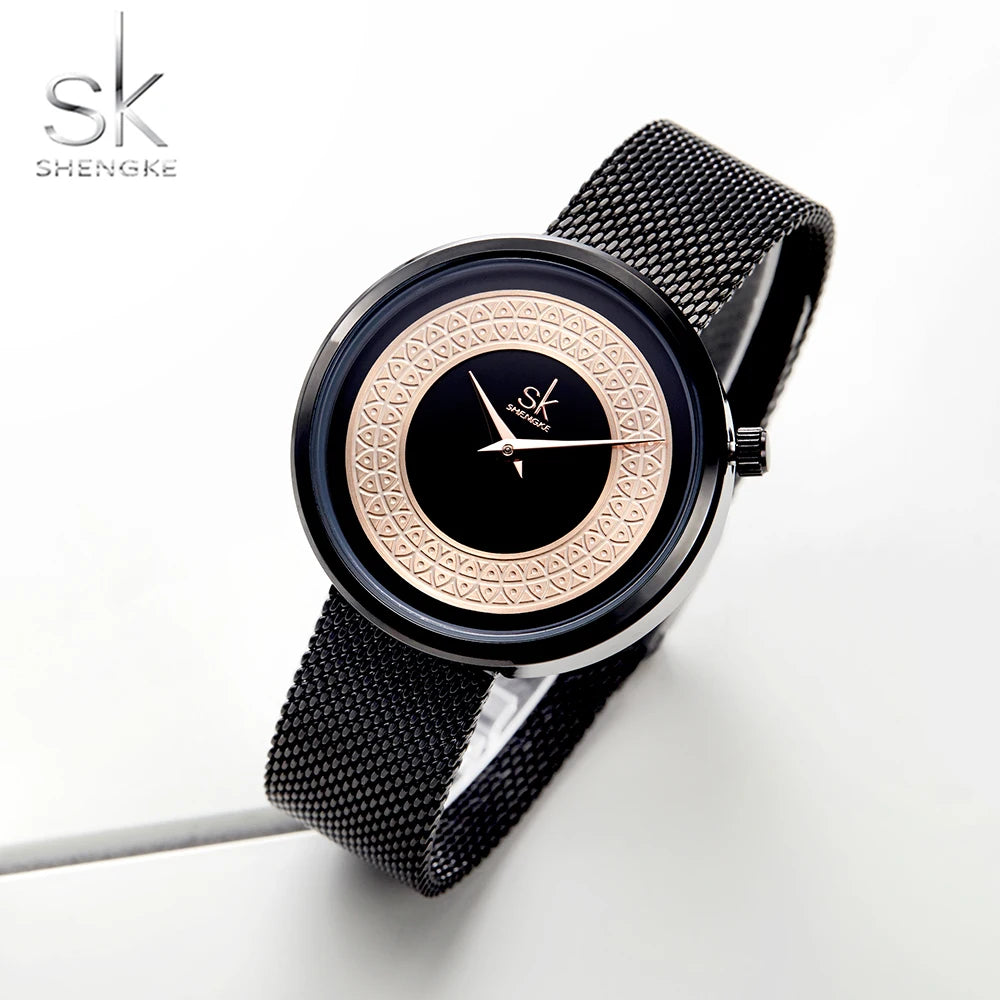 Shengke Luxury Mesh Metal Quartz Watch for Women - Fashionable and Elegant Ladies Wristwatch