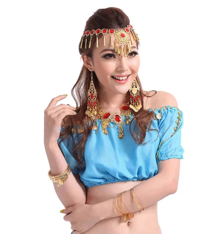 Performance Short Sleeve Belly Dance Costume | Fashion Indian Dance Clothing | Chiffon Belly Dance Top Shirt Lake Blue One Size