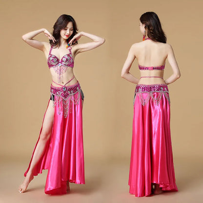 Women's 3-Piece Belly Dance Costume Set | Indian Dance Bra, Belt & Skirt Rose