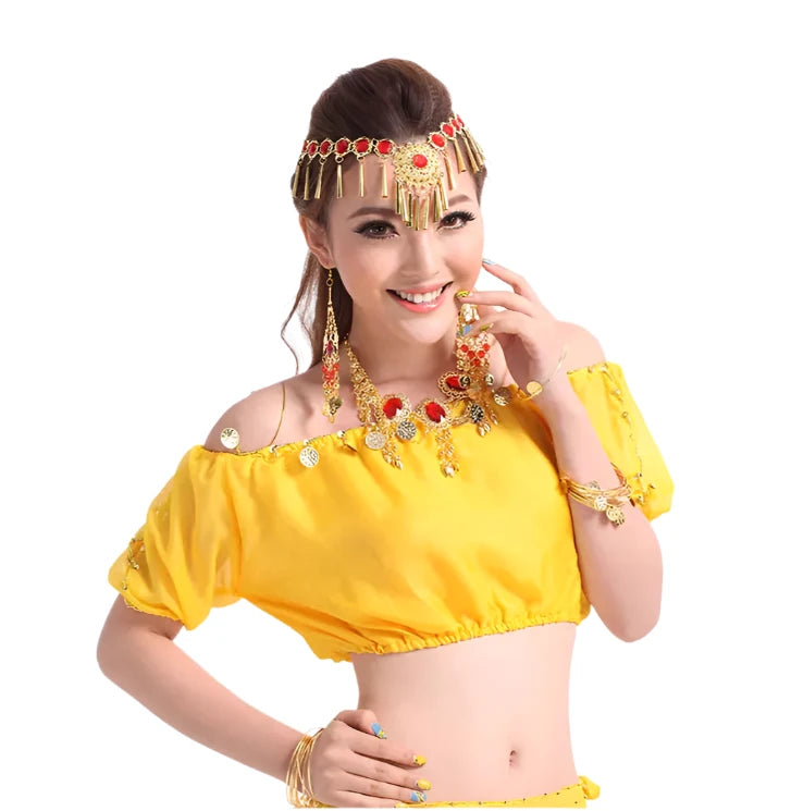 Performance Short Sleeve Belly Dance Costume | Fashion Indian Dance Clothing | Chiffon Belly Dance Top Shirt