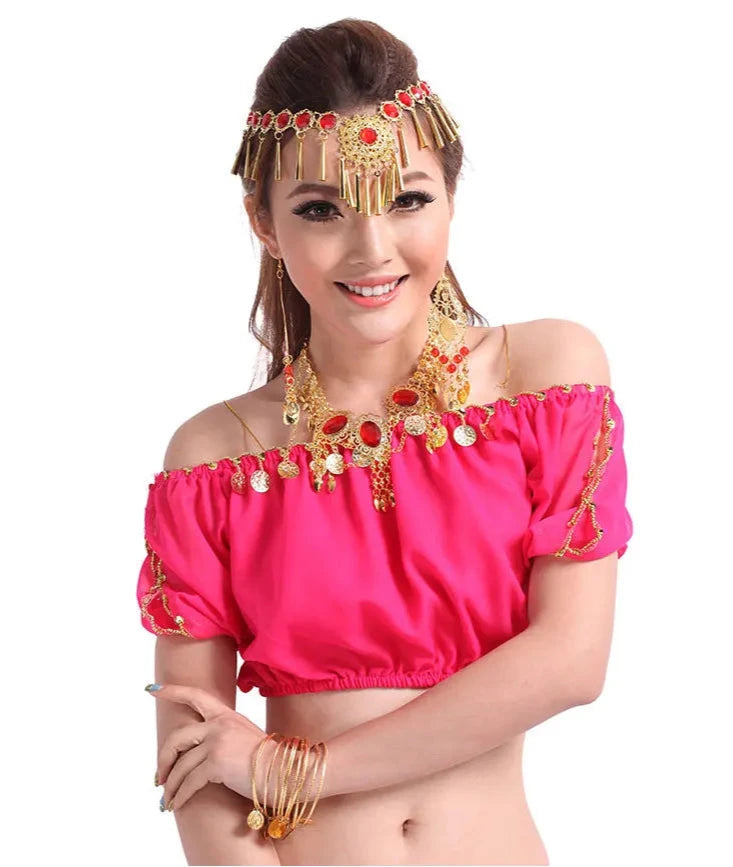 Performance Short Sleeve Belly Dance Costume | Fashion Indian Dance Clothing | Chiffon Belly Dance Top Shirt Rose One Size