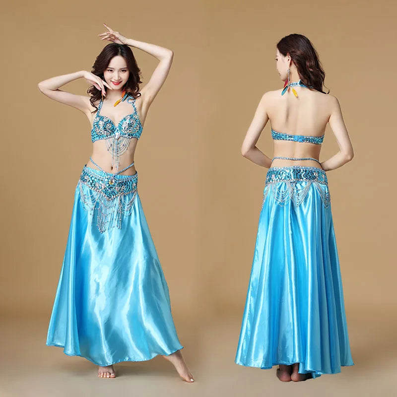 Women's 3-Piece Belly Dance Costume Set | Indian Dance Bra, Belt & Skirt Sky Blue