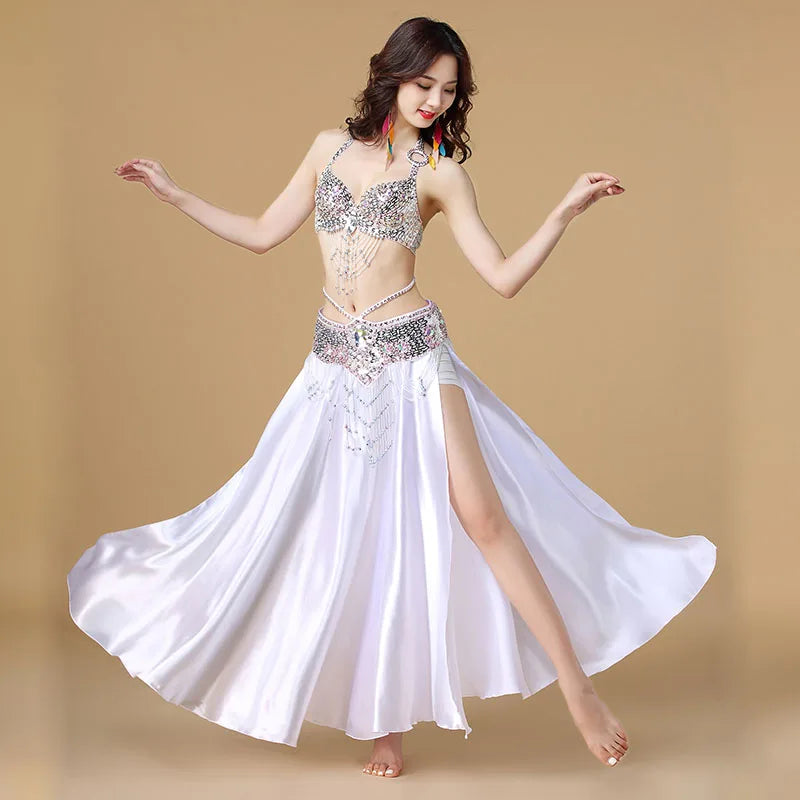 Women's 3-Piece Belly Dance Costume Set | Indian Dance Bra, Belt & Skirt WHITE