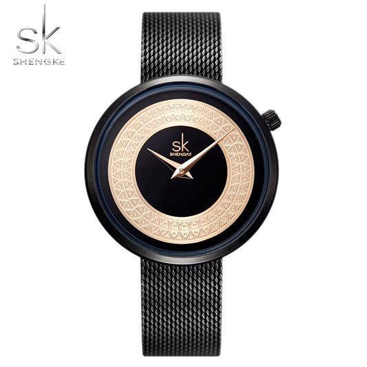 Shengke Luxury Mesh Metal Quartz Watch for Women - Fashionable and Elegant Ladies Wristwatch