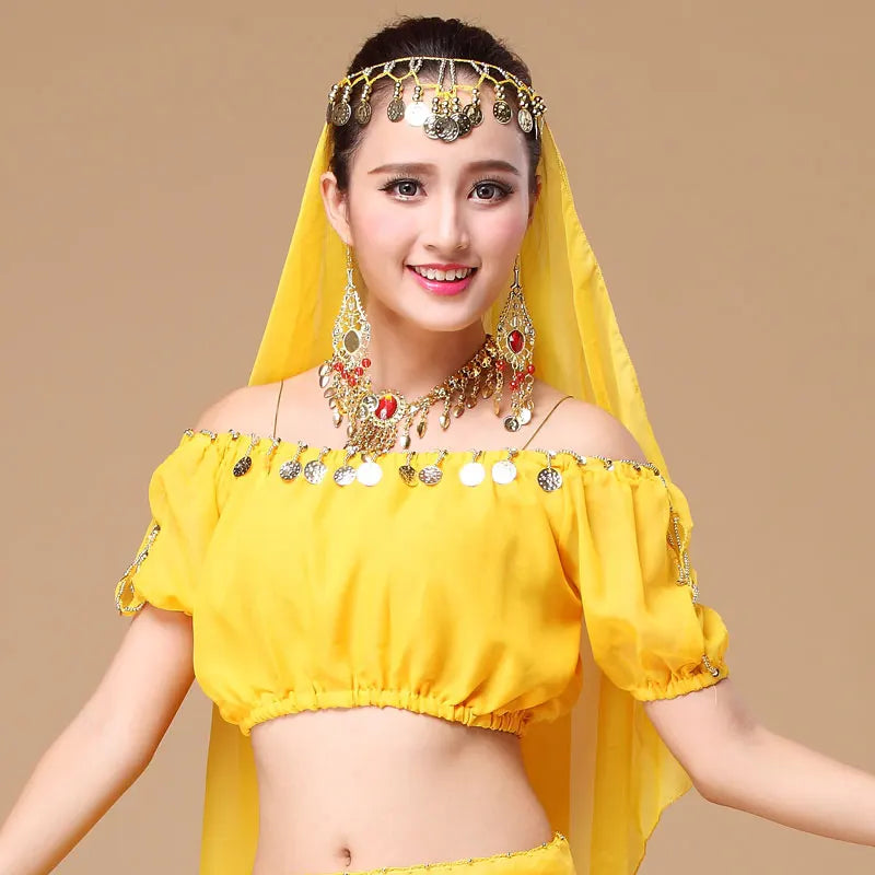 Performance Short Sleeve Belly Dance Costume | Fashion Indian Dance Clothing | Chiffon Belly Dance Top Shirt