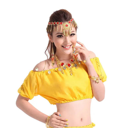 Performance Short Sleeve Belly Dance Costume | Fashion Indian Dance Clothing | Chiffon Belly Dance Top Shirt Yellow One Size