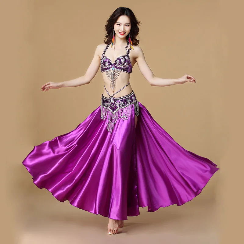 Women's 3-Piece Belly Dance Costume Set | Indian Dance Bra, Belt & Skirt PURPLE