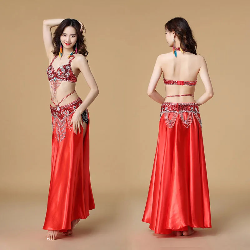 Women's 3-Piece Belly Dance Costume Set | Indian Dance Bra, Belt & Skirt Red