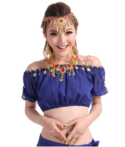 Performance Short Sleeve Belly Dance Costume | Fashion Indian Dance Clothing | Chiffon Belly Dance Top Shirt Blue One Size