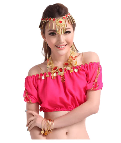 Performance Short Sleeve Belly Dance Costume | Fashion Indian Dance Clothing | Chiffon Belly Dance Top Shirt