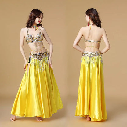 Women's 3-Piece Belly Dance Costume Set | Indian Dance Bra, Belt & Skirt Yellow