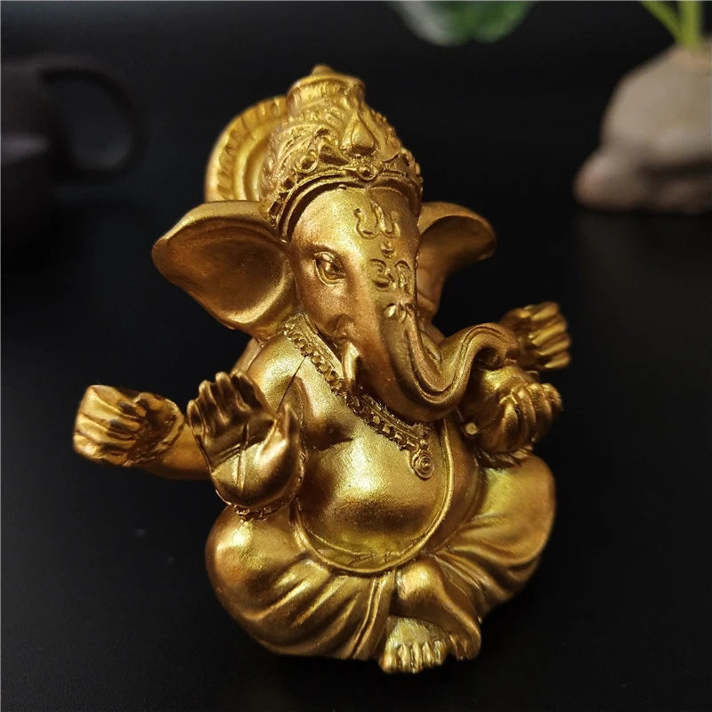 Gold Lord Ganesha Buddha Statue | Elephant God Ganesh Figurine | Man-Made Stone Home & Garden Decoration