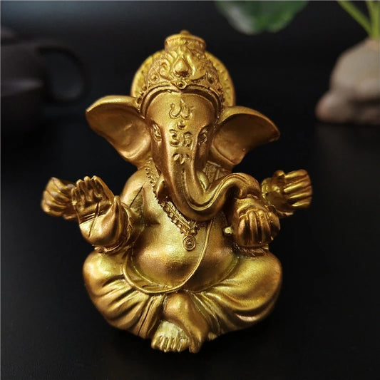 Gold Lord Ganesha Buddha Statue | Elephant God Ganesh Figurine | Man-Made Stone Home & Garden Decoration