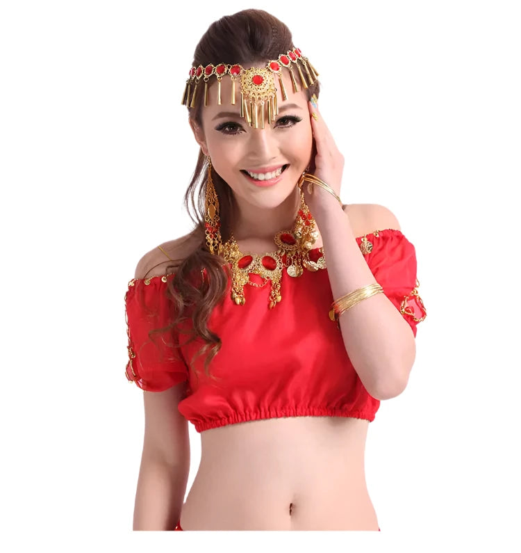 Performance Short Sleeve Belly Dance Costume | Fashion Indian Dance Clothing | Chiffon Belly Dance Top Shirt