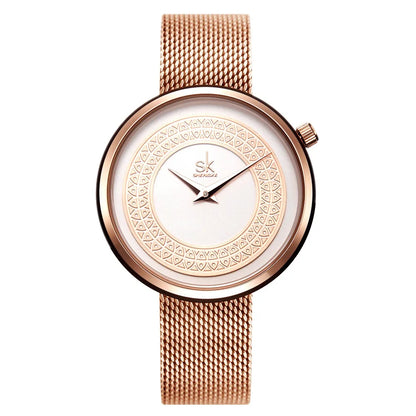 Shengke Luxury Mesh Metal Quartz Watch for Women - Fashionable and Elegant Ladies Wristwatch rose golden