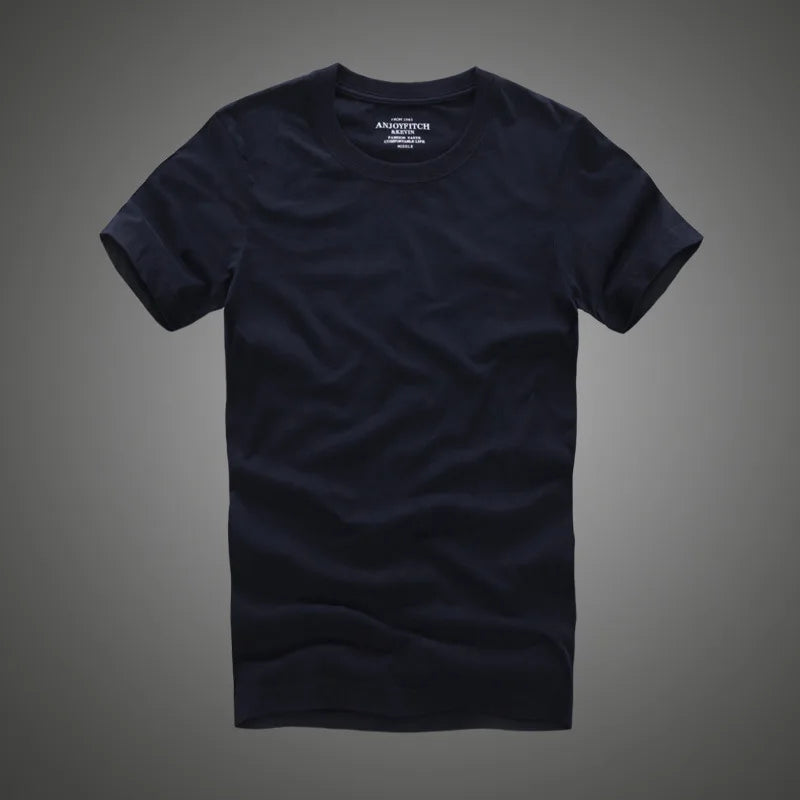 Men Tshirt 100% Cotton Solid Color O-Neck Short Sleeve T shirt Male High Quality navy blue 6882