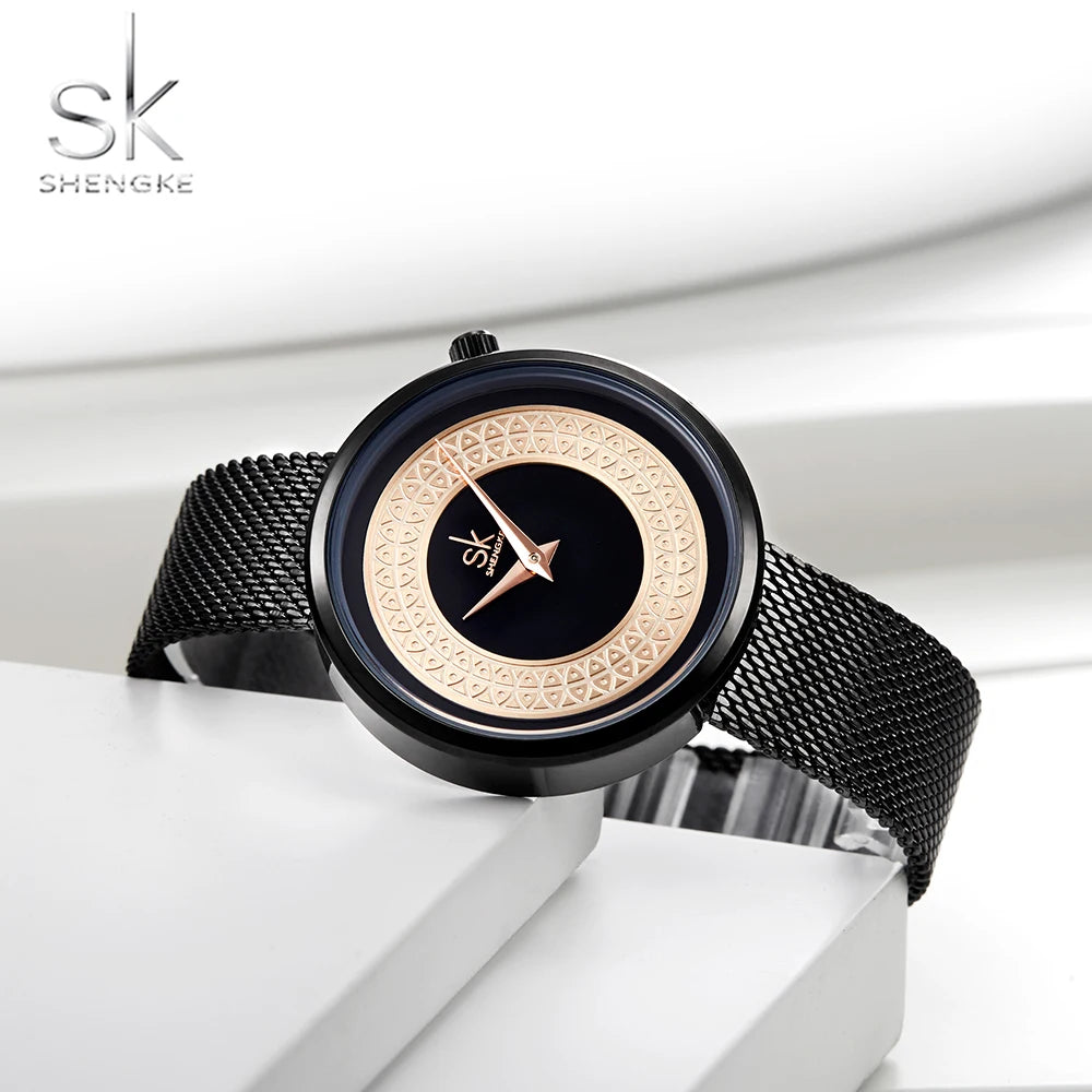 Shengke Luxury Mesh Metal Quartz Watch for Women - Fashionable and Elegant Ladies Wristwatch