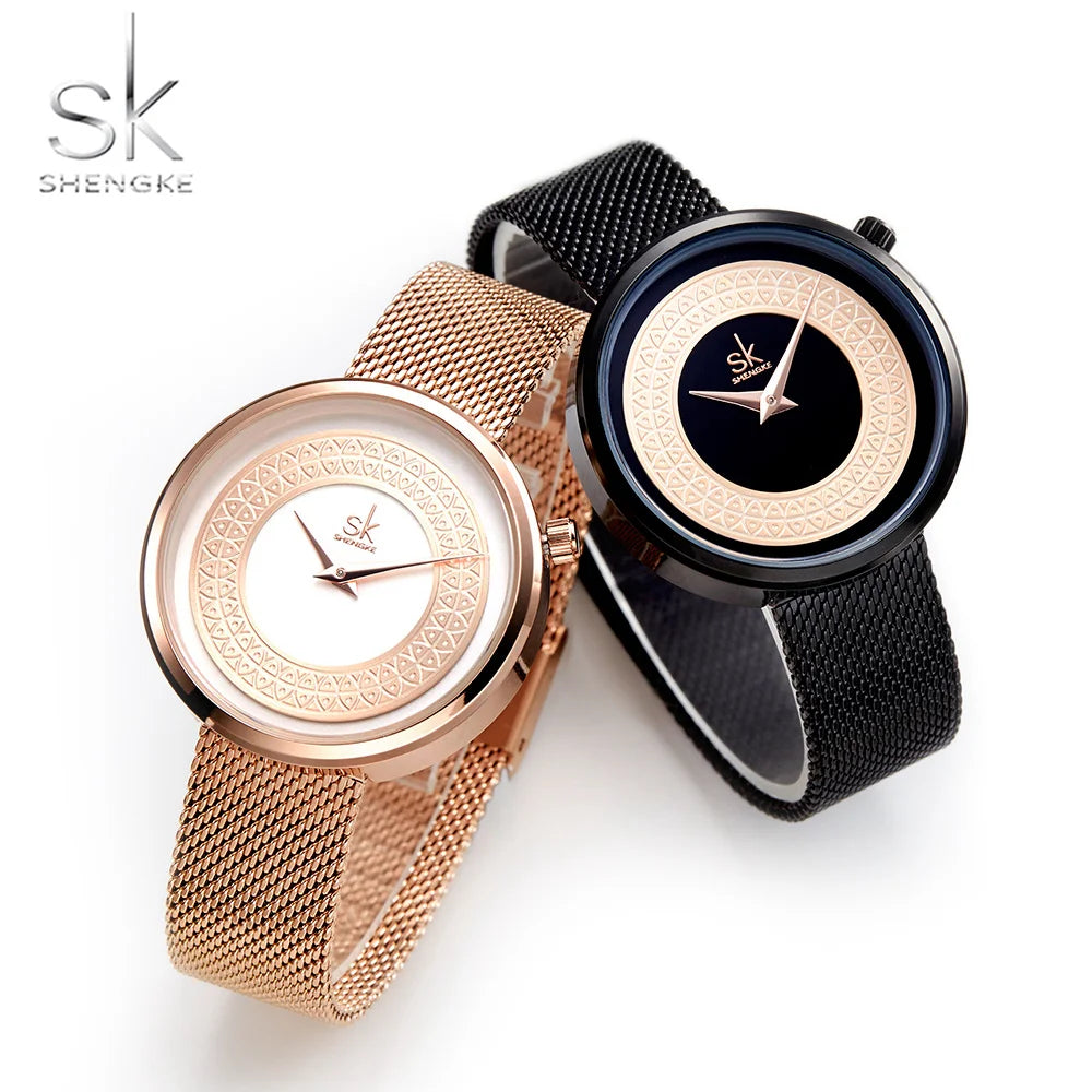 Shengke Luxury Mesh Metal Quartz Watch for Women - Fashionable and Elegant Ladies Wristwatch