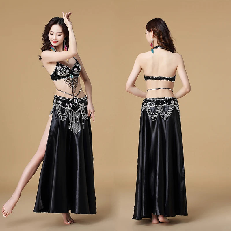 Women's 3-Piece Belly Dance Costume Set | Indian Dance Bra, Belt & Skirt