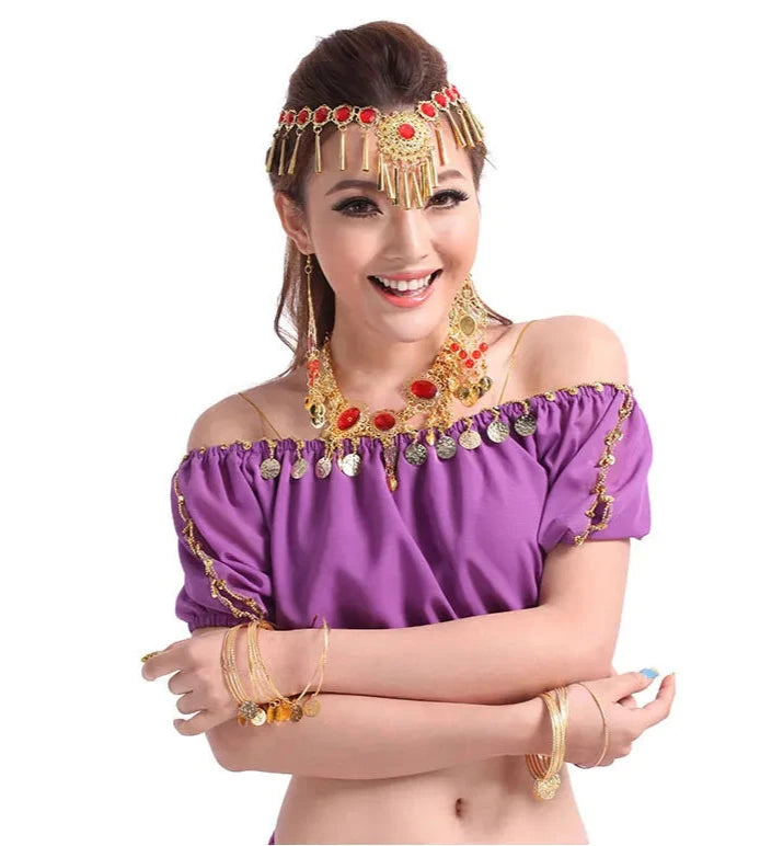 Performance Short Sleeve Belly Dance Costume | Fashion Indian Dance Clothing | Chiffon Belly Dance Top Shirt PURPLE One Size