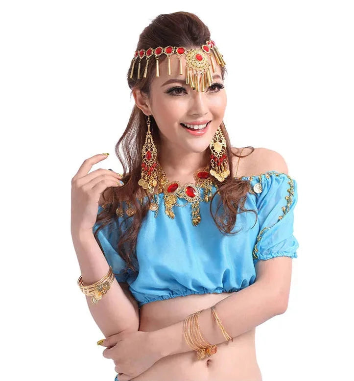 Performance Short Sleeve Belly Dance Costume | Fashion Indian Dance Clothing | Chiffon Belly Dance Top Shirt