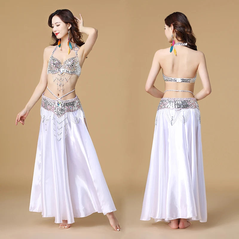 Women's 3-Piece Belly Dance Costume Set | Indian Dance Bra, Belt & Skirt