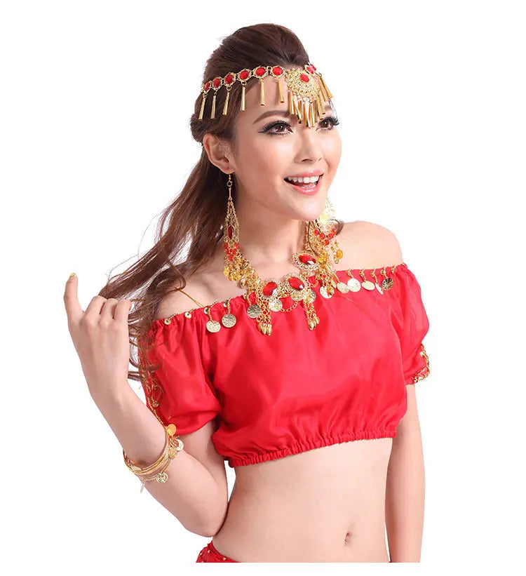 Performance Short Sleeve Belly Dance Costume | Fashion Indian Dance Clothing | Chiffon Belly Dance Top Shirt