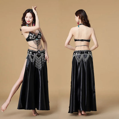 Women's 3-Piece Belly Dance Costume Set | Indian Dance Bra, Belt & Skirt black