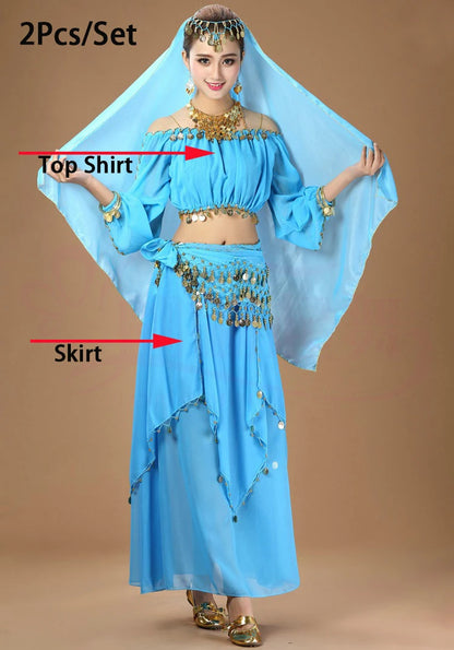 Women's Purple Belly Dance Costume Set | Chiffon Coin Long Sleeve Top & Skirt