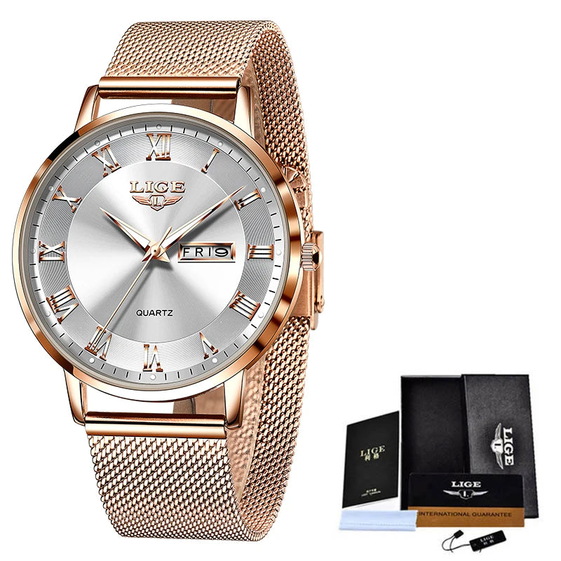 LIGE 2024 Luxury Ladies Watch | Waterproof Rose Gold Steel Strap Wristwatch | Top Brand Bracelet Clocks Rose gold white