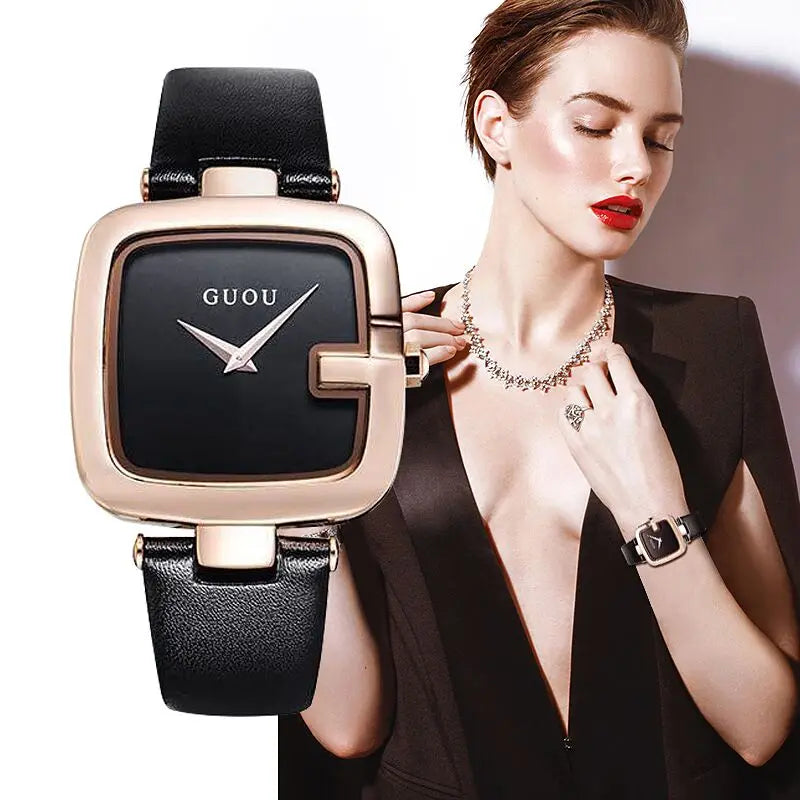 GUOU Women's Square Fashion Watch - Luxury Leather Strap Quartz Timepiece, 3Bar Water Resistant