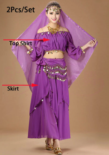 Women's Purple Belly Dance Costume Set | Chiffon Coin Long Sleeve Top & Skirt 2pcs Purple One Size