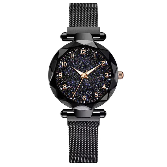 Luxury Women's Magnetic Mesh Belt Watch | Starry Sky Quartz Wristwatch | Fashionable Stainless Steel Ladies Clock Black