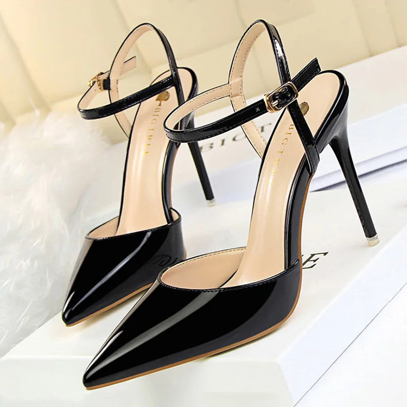 BIGTREE Fashion High Heels - Patent Leather Pointed Toe Pumps | Super High Thin Stiletto Heels | Blue & Silver Sandals for Women black