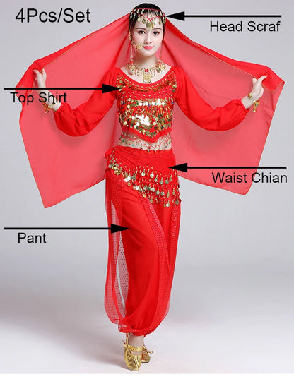 Women's Bollywood Belly Dance Costume Set – Indian Dance Outfit for Stage Performances Red 4pcs One Size