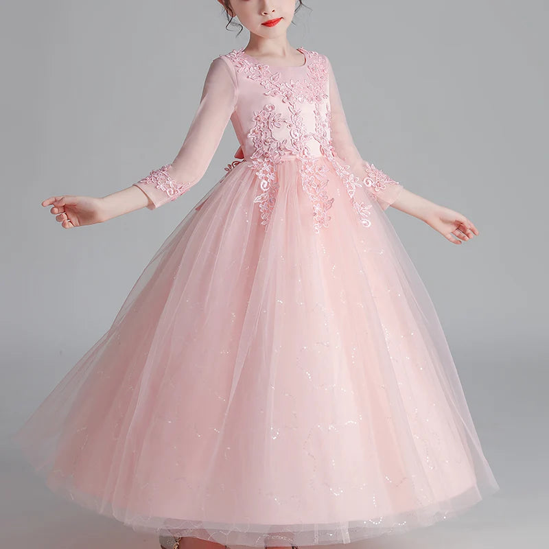 Kids' Floral Wedding Party Dress | Princess Flower Gown with Mesh Sleeves Pink