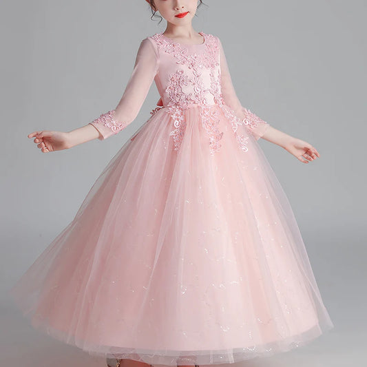 Kids' Floral Wedding Party Dress | Princess Flower Gown with Mesh Sleeves Pink