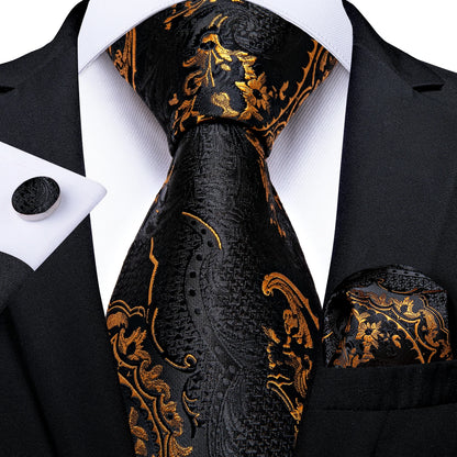 Luxury Black Gold Paisley Silk Ties For Men 8cm Men's Wedding Neck Tie Pocket Square Cufflinks Set Collar Pin Men's Gift