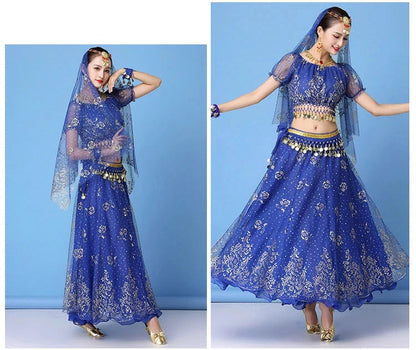 Lady Egypt Dance Wear | Bollywood Indian Dance Costume Set | Adult Belly Dancing Clothes | 4-Piece Skirt Set