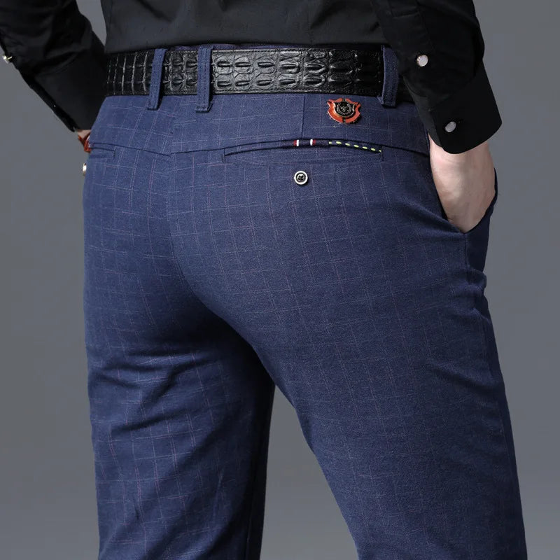 2021 New Men's Casual Plaid Pants Business Casual Slim Fit Black Blue Classic Style Elastic Trousers Male Brand Clothes