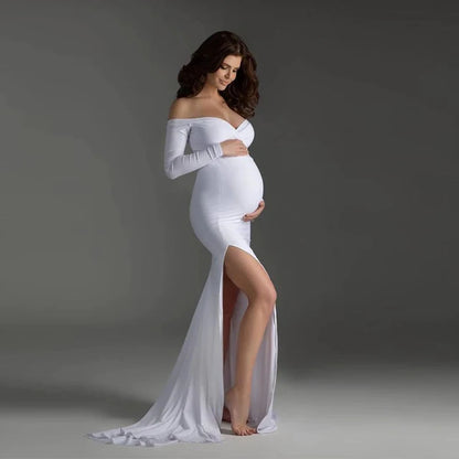 Maxi Off Shoulder Long Sleeve Dress for Pregnant Women white dress