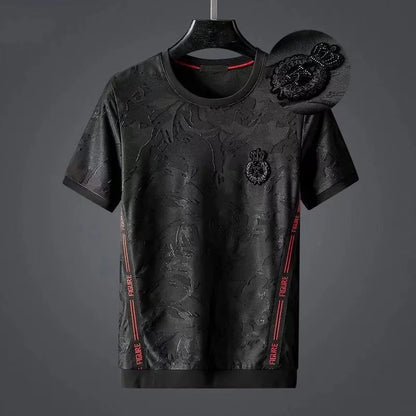 Luxury fashion brand men's short sleeve T shirt personalized jacquard embroidery plus half sleeve men's bottoming shirt black