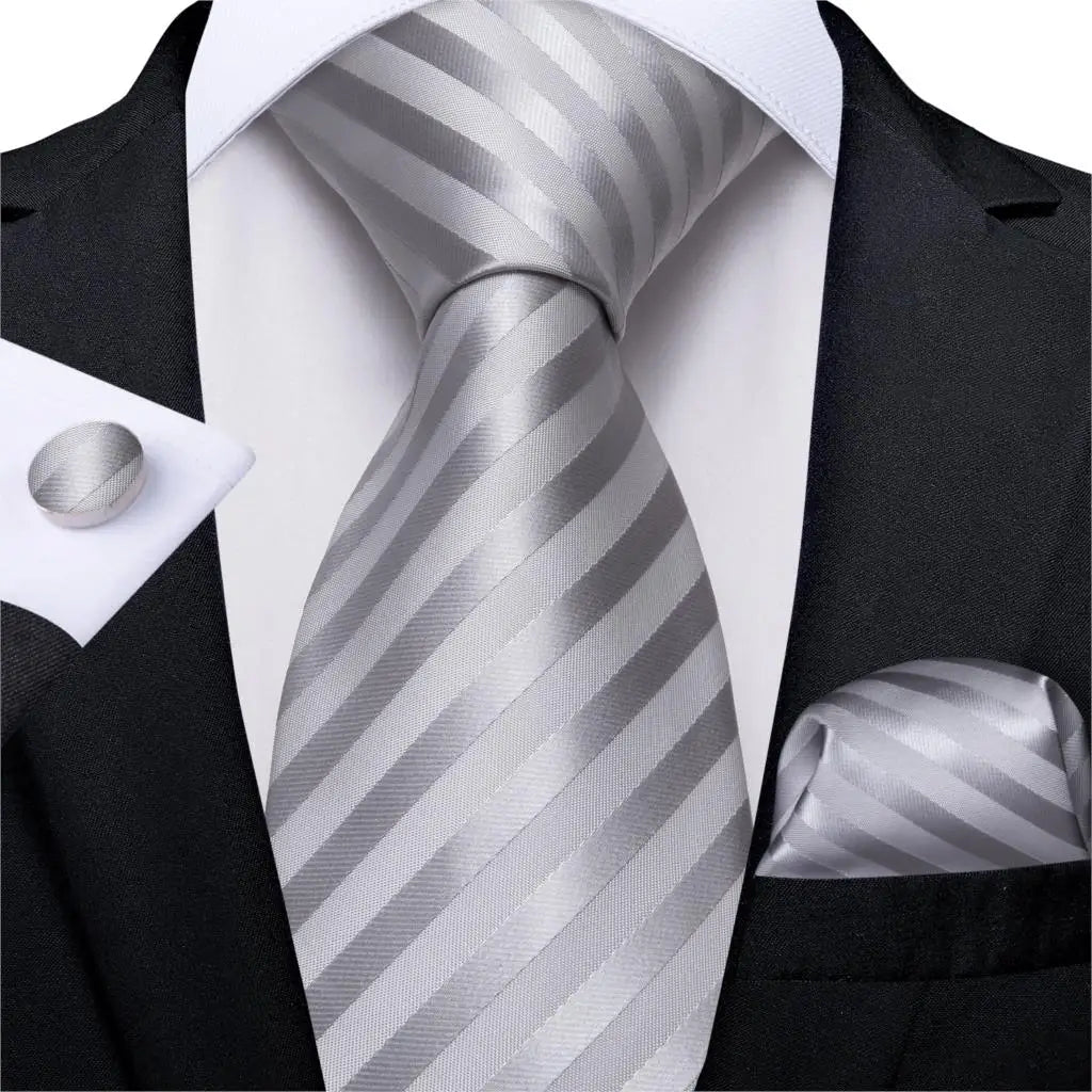 DiBanGu Mens Necktie Silver Gray Striped Design Silk Wedding Tie For Men Tie Hanky Cufflink Tie Set Business Party Dropshipping MJ-7003