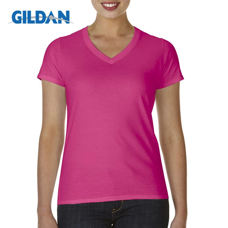 Gildan Brand Women Summer V Neck Short Sleeve Cotton T Shirt Slim Camiseta Feminina T Shirts Female Oversized Tops Tees Hailikang