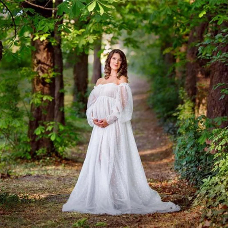 White Dot Tulle Maternity Dress See-Through Photo Shoot Long Lantern Sleeve