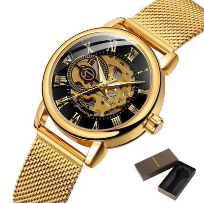 Forsining Women’s Rose Gold Skeleton Mechanical Watch | Stainless Steel Case, Roman Numeral Display, Hand Wind Wristwatch FSL8099GB with box