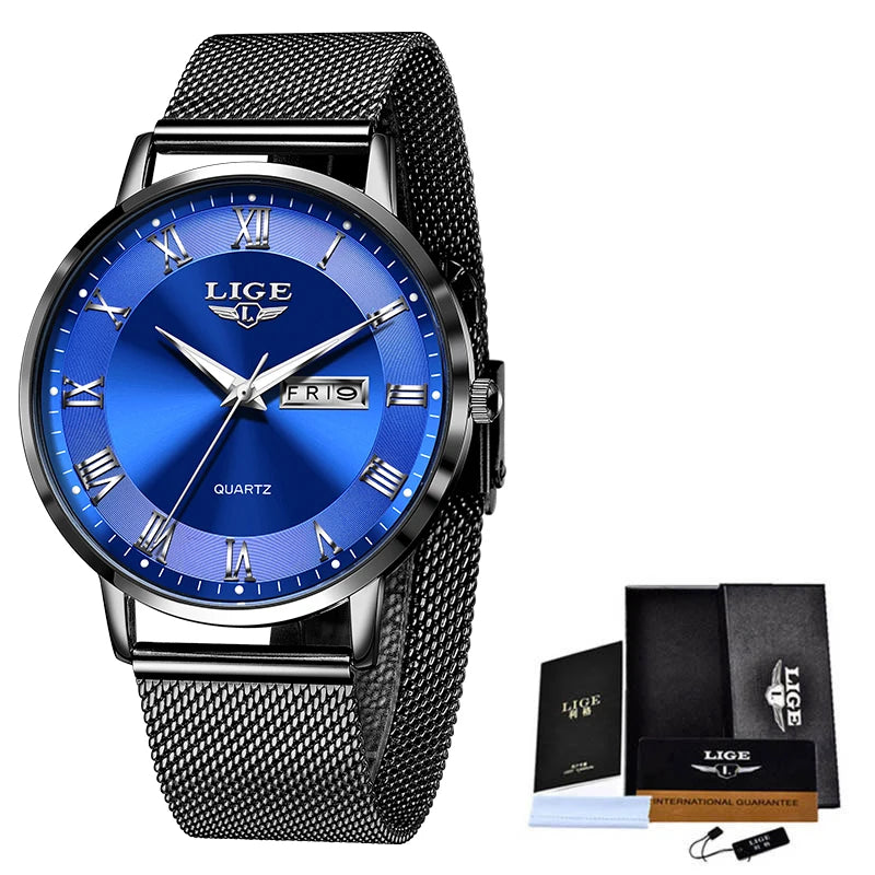 LIGE 2024 Luxury Ladies Watch | Waterproof Rose Gold Steel Strap Wristwatch | Top Brand Bracelet Clocks Black blue